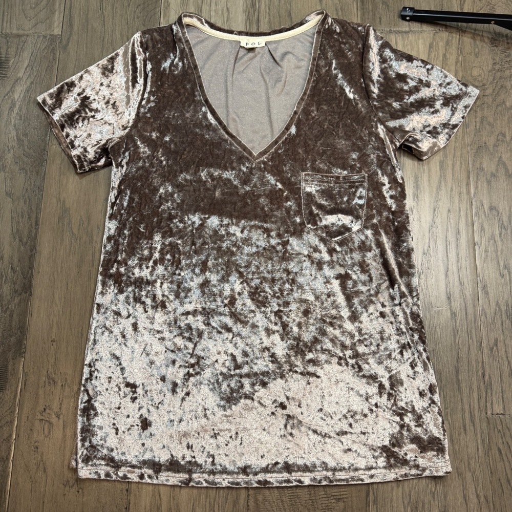 POL Velvet Pocket T Shirt Women Medium Brown V Neck Short Sleeve Top